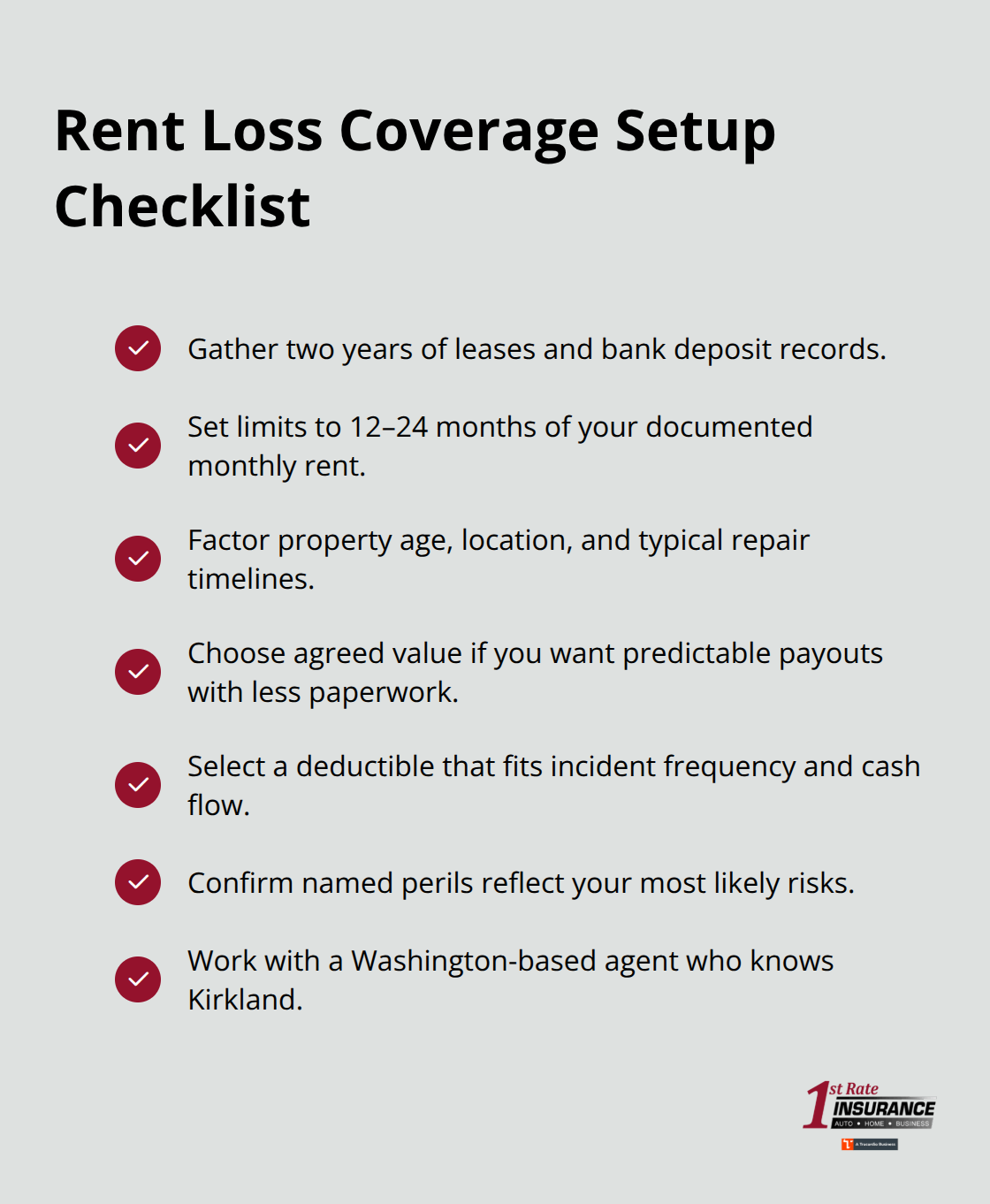 Action checklist to set the right rent loss coverage for a Kirkland rental property - Rent loss coverage Kirkland